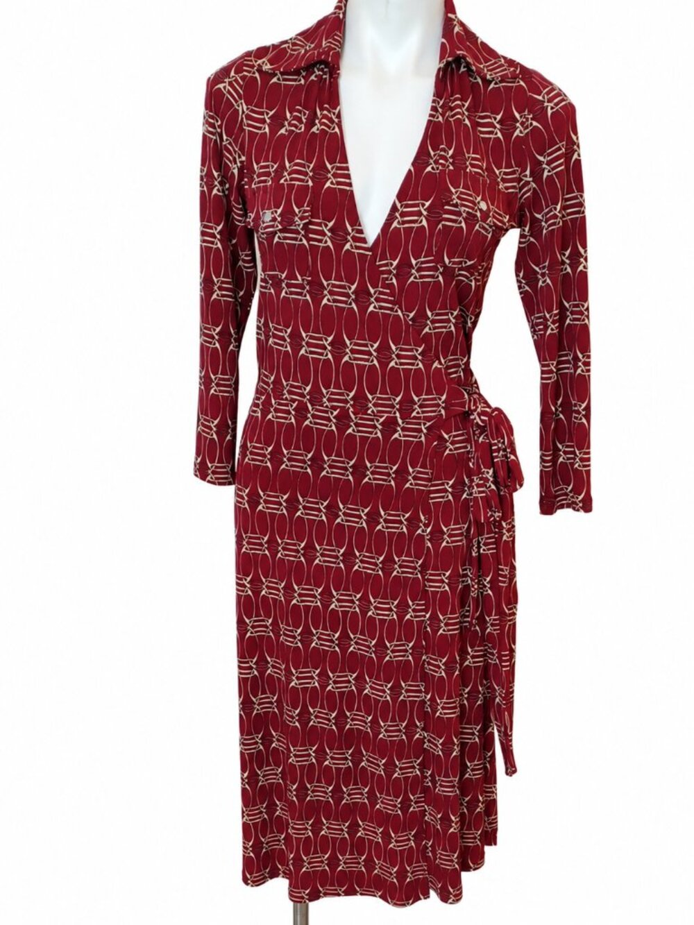 XS Harolds Dark Red Geometric Print Collared Wrap Midi V-Neck Dress. Feminine